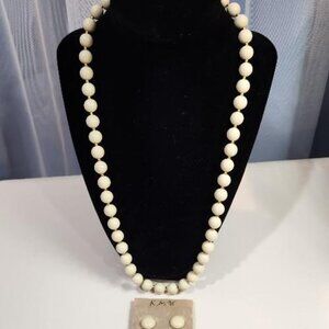 Vintage K&M Costume Cream Beaded Necklace & Clip-on Earrings
